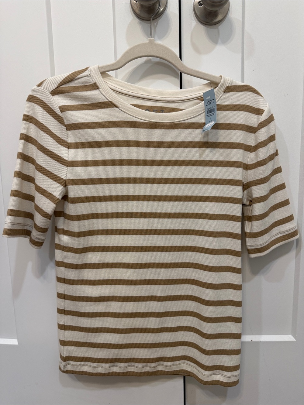 LOFT Cream and Tan Striped Short Sleeve Tee